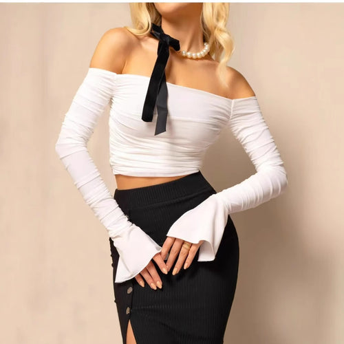 Damen Off-Shoulder Oberteil mit langen Ärmeln und Rüschendetails Drune