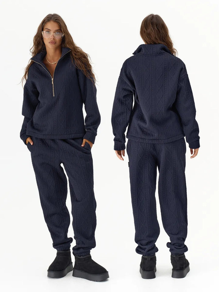 Damen kuscheliger Fleece-Loungewear-Set mit Reißverschluss und Rippstruktur Drune