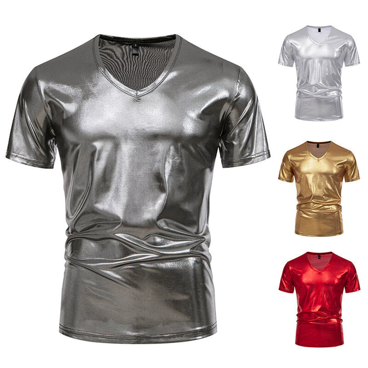 Herren Glänzendes Metallisches V-Ausschnitt T-Shirt Drune