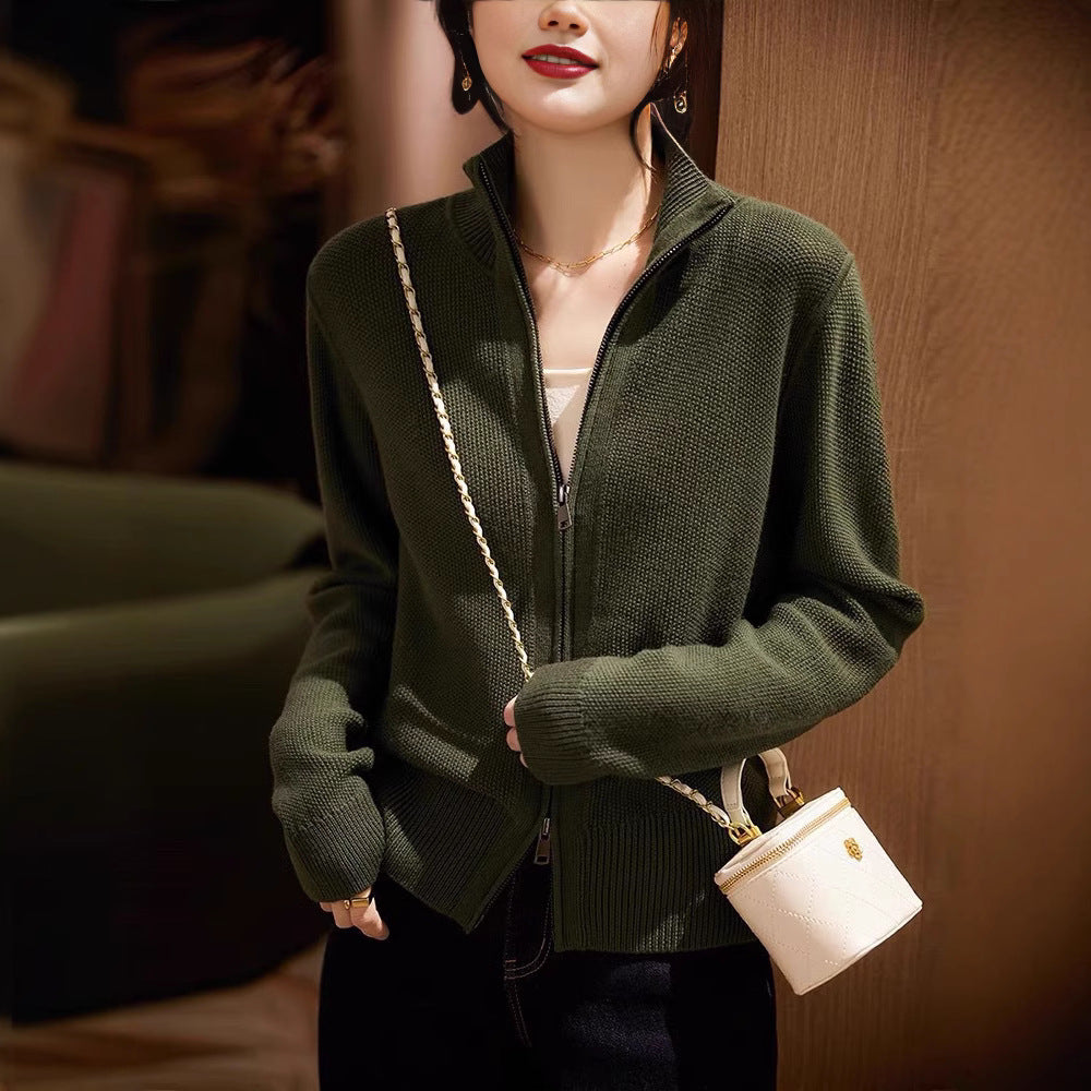 Damen Strickjacke mit hohem Kragen und durchgehendem Reißverschluss Drune