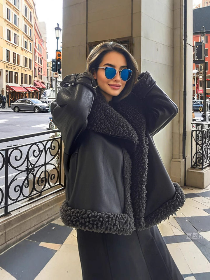 Damen Oversized Kunstlederjacke mit kuscheligem Futter Drune