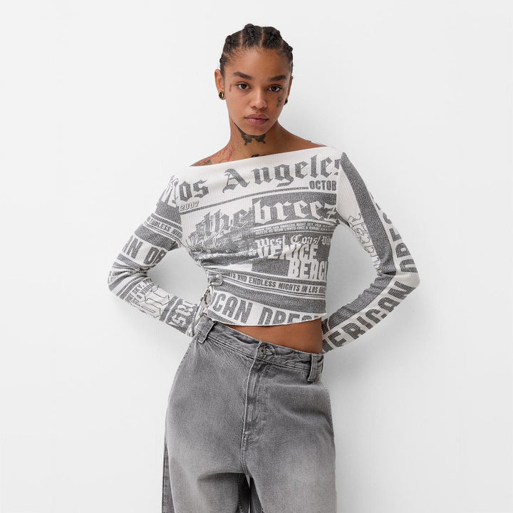 Damen Crop-Top mit kreativem Schriftdesign und weitem Schnitt Drune