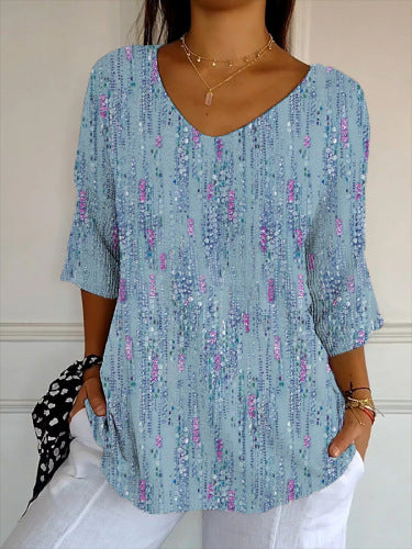 Damen V-Ausschnitt Bluse mit buntem Muster und lockerer Passform Drune