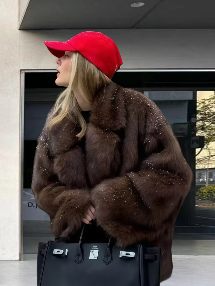 Damen luxuriöse Kunstpelzjacke mit funkelnden Akzenten Drune