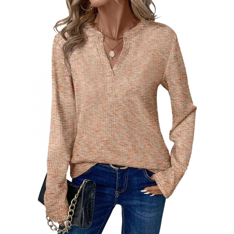 Damen lässiges Langarmshirt mit modernem V-Ausschnitt und strukturiertem Material Drune