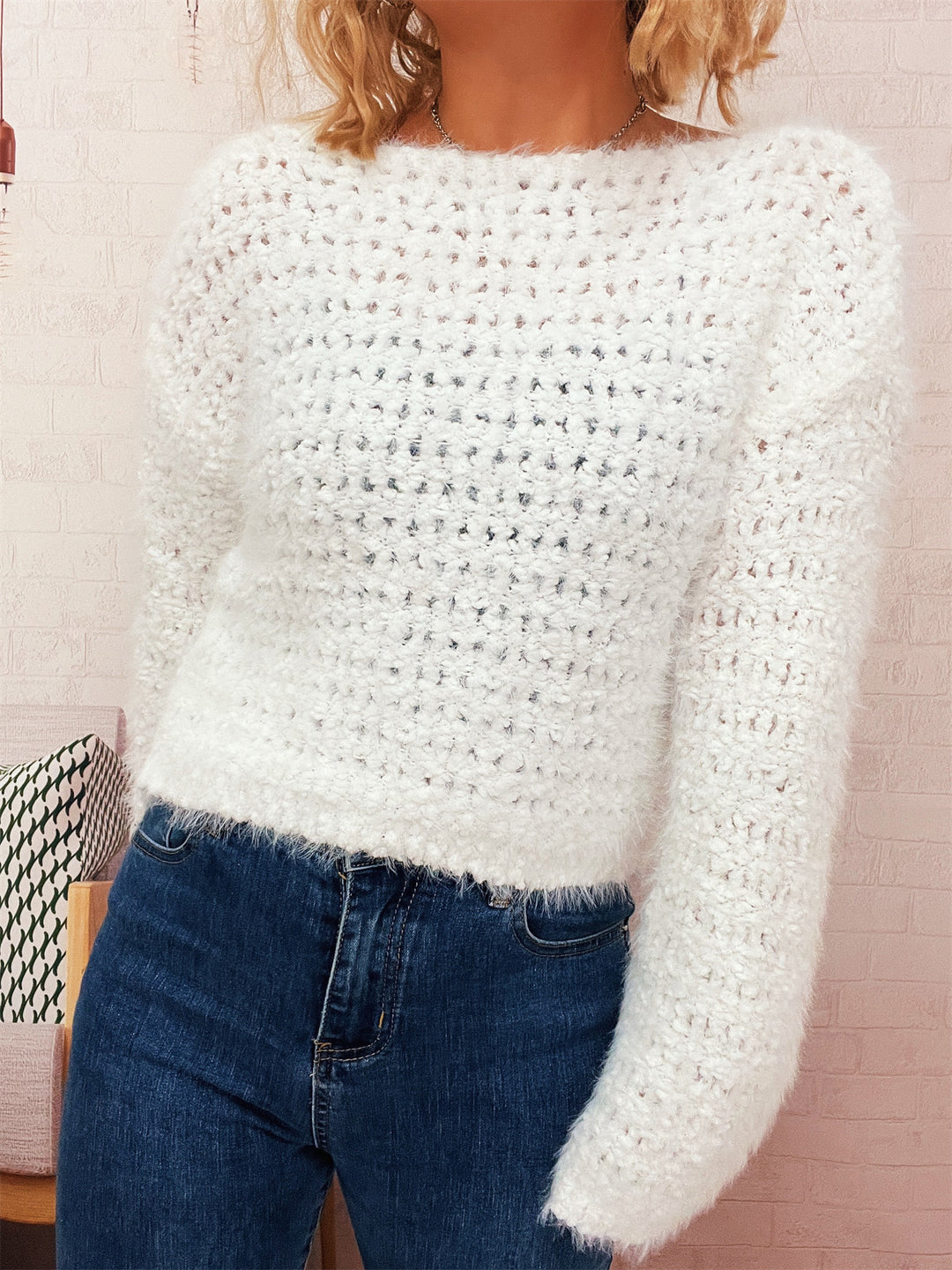 Damen kuscheliger Strickpullover mit strukturierter Oberfläche und weiten Ärmeln Drune