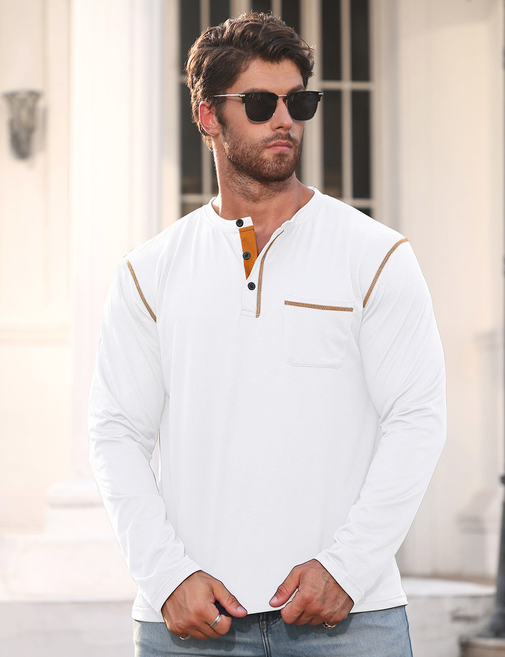 Herren Langarmshirt mit Knopfleiste und Brusttasche Drune