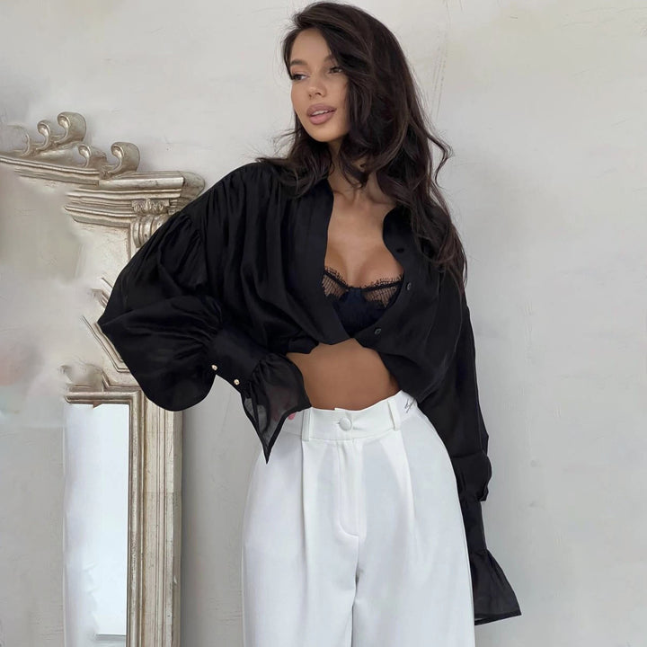 Damen Elegante Bluse mit überschnittenen Schultern und voluminösen Ärmeln Drune