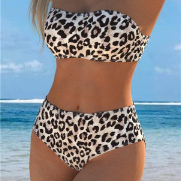 Damen Bandeau-Bikini mit hohem Taillenschnitt und stilvollem Leopardenmuster Drune