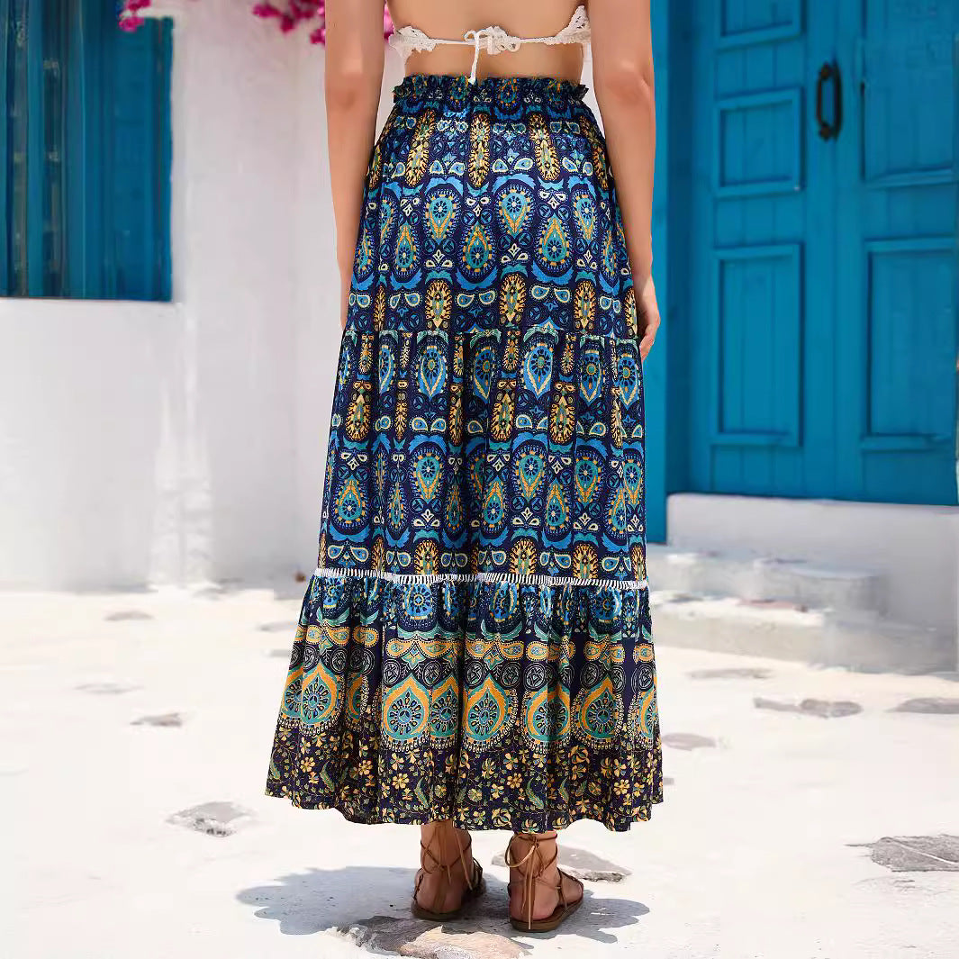 Damen nan Maxirock im Boho‑Stil mit Stufen, gerafftem Elastikbund und Paisley‑Print Drune