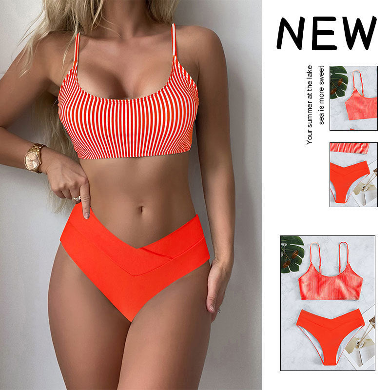 Damen Sport-Bikini-Set mit Streifenmuster und Hoher Taille Drune