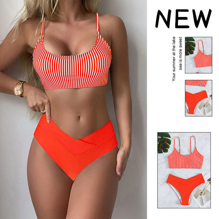 Damen Sport-Bikini-Set mit Streifenmuster und Hoher Taille Drune