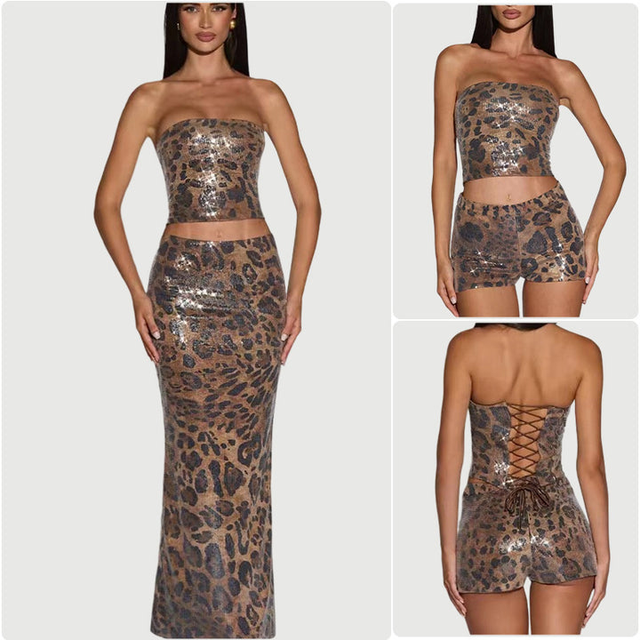 Damen Crop-Top und Shortset im Leopardenmuster mit glitzernden Akzenten Drune