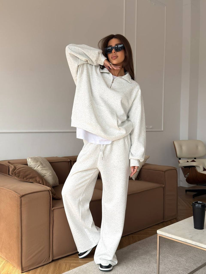 Damen sportlicher Pullover mit halbem Reißverschluss und weiten Hosen Drune