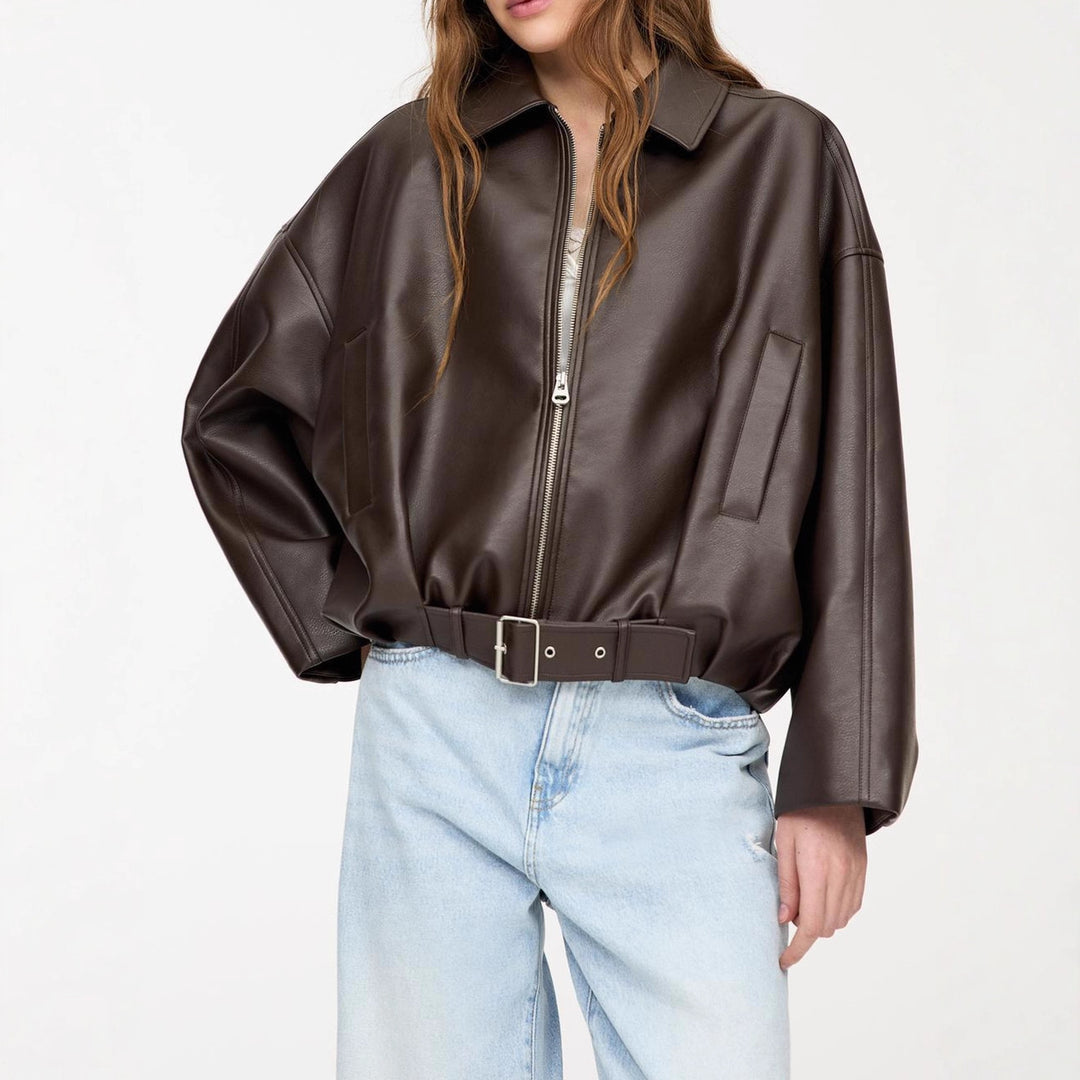 Damen nan kurz geschnittene Kunstlederjacke mit durchgehendem Reißverschluss und taillierendem Gürtel Drune