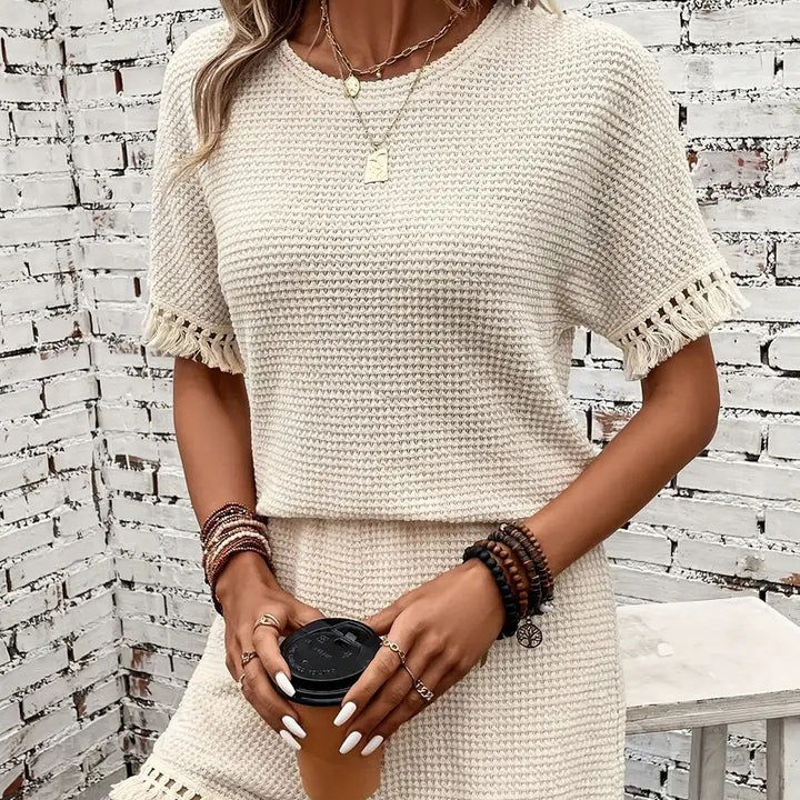 Damen Strickshorts und Oberteil Set mit Fransen Drune