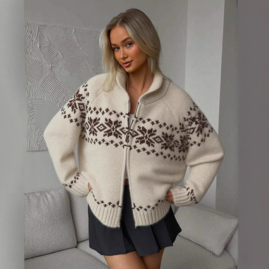Damen Grobstrickjacke mit folkloristischem Muster und offenem Schnitt Drune