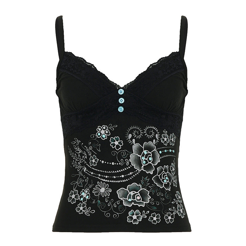 Damen Spitzentop mit floralem Design und dekorativen Knöpfen Drune