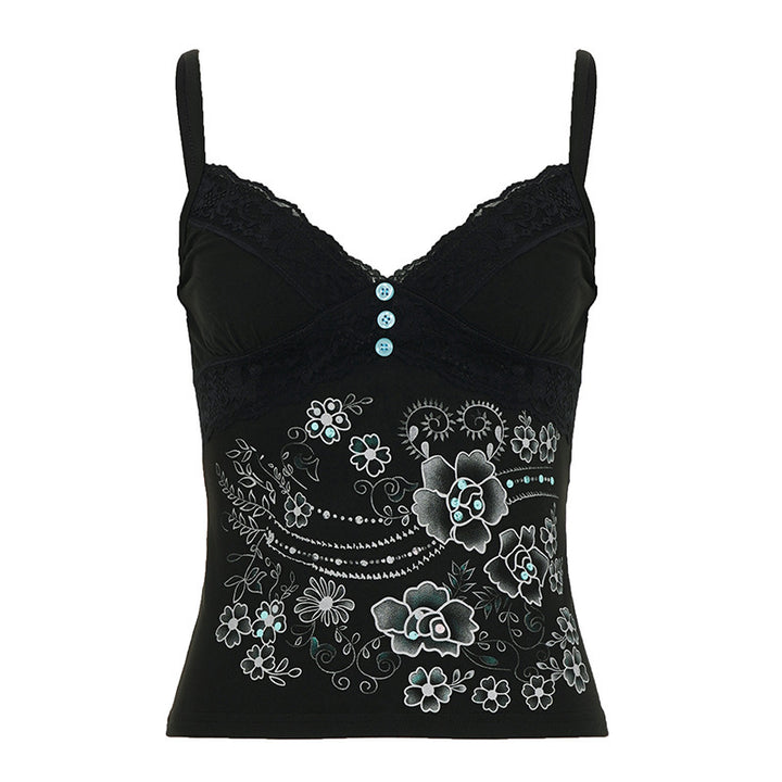 Damen Spitzentop mit floralem Design und dekorativen Knöpfen Drune
