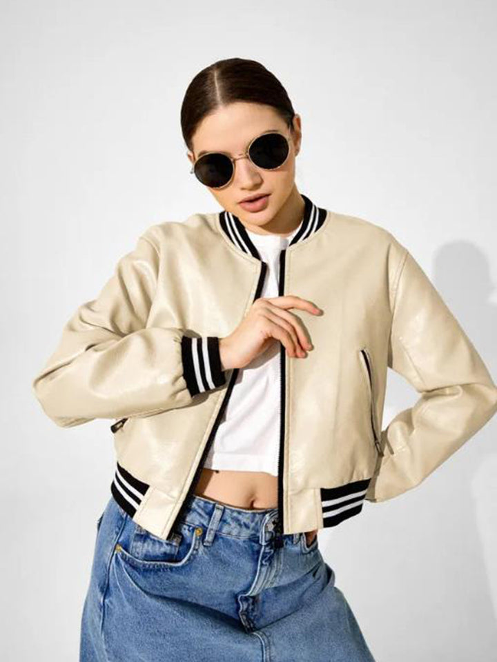 Damen modische Kunstleder-Bomberjacke mit elastischen Bündchen und Taschen Drune