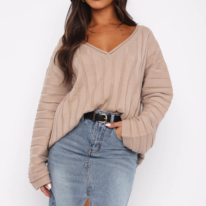 Damen lässiger Strickpullover mit V-Ausschnitt und Rippenstruktur Drune