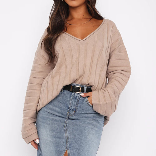 Damen lässiger Strickpullover mit V-Ausschnitt und Rippenstruktur Drune