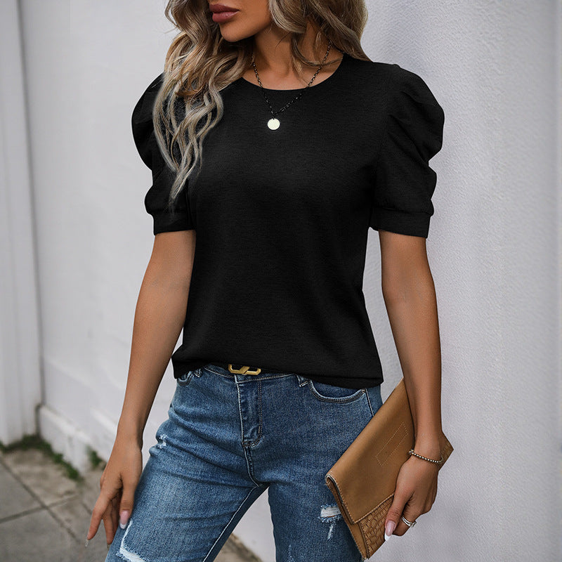 Damen T-Shirt mit Puffärmeln und klassischem Rundhalsausschnitt Drune