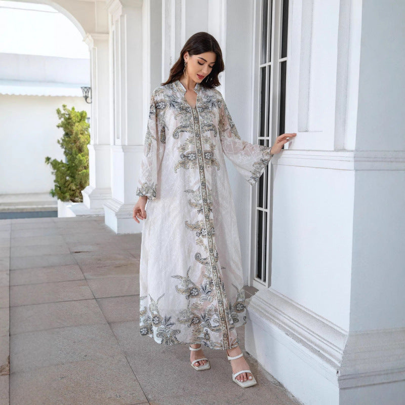 Damen Elegante Kaftan mit floralem Design und transparenten Ärmeln Drune