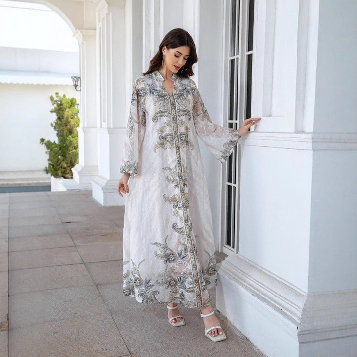 Damen Elegante Kaftan mit floralem Design und transparenten Ärmeln Drune