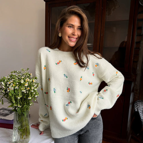 Damen lockerer Strickpullover mit floralem Muster Drune