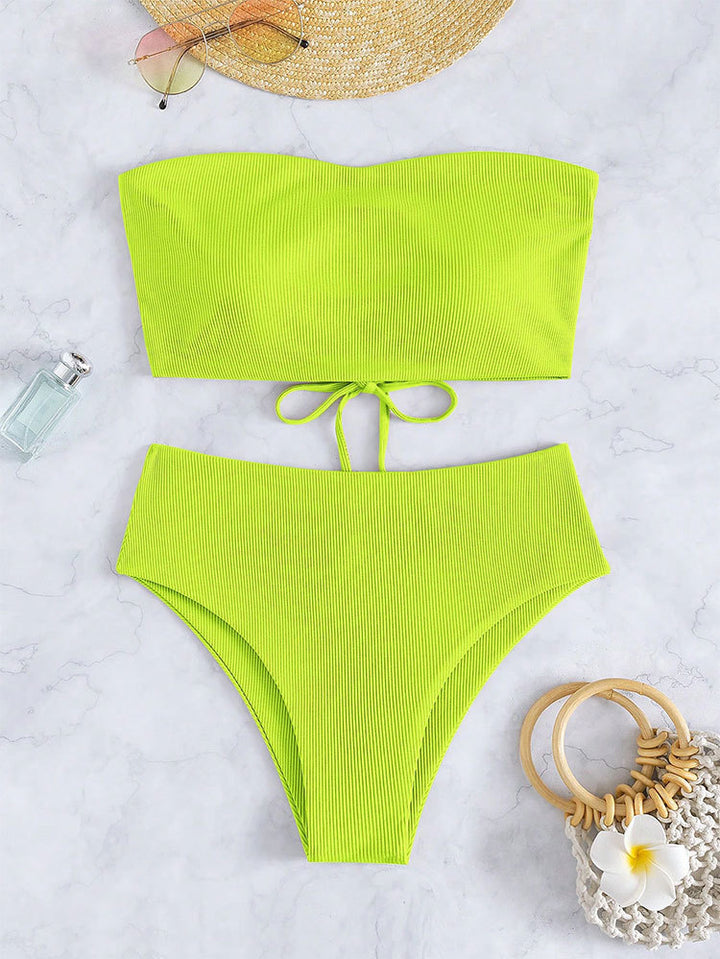 Damen Bandeau-Bikini-Set mit hohem Beinausschnitt und Bindedetails Drune