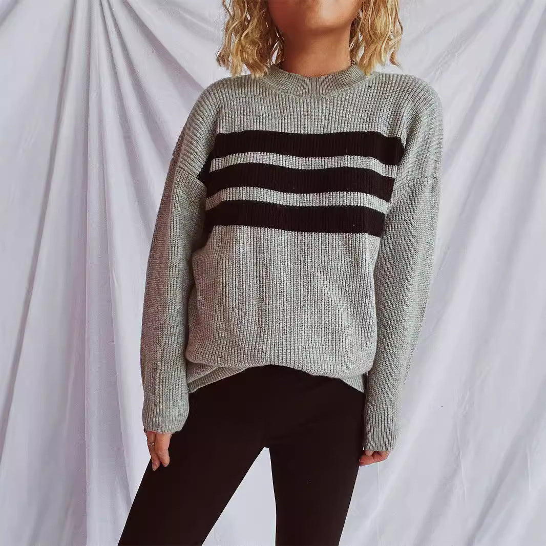 Damen lässiger Strickpullover mit horizontalen Streifen und Oversized-Schnitt Drune