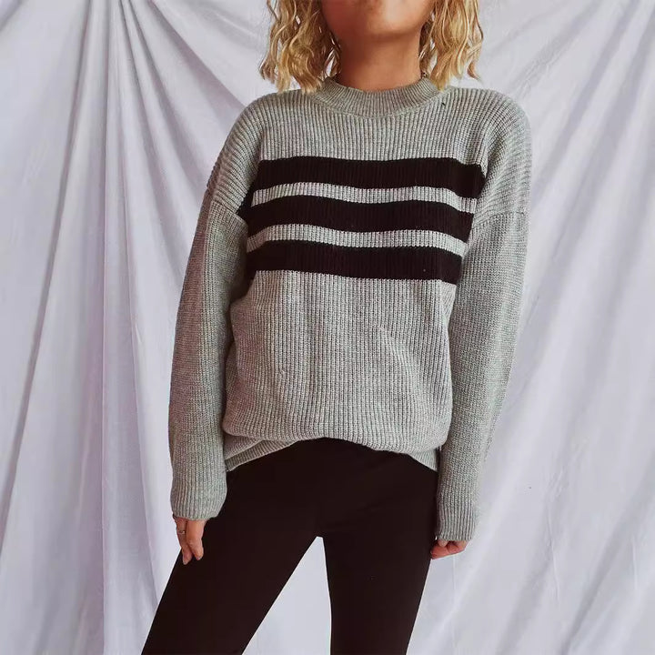 Damen lässiger Strickpullover mit horizontalen Streifen und Oversized-Schnitt Drune