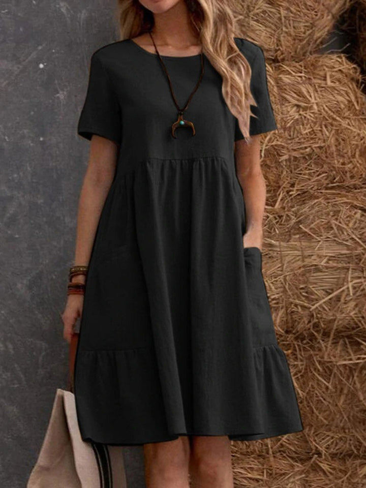 Drune | Lose Tasche einfarbig Rundhalsausschnitt Kleid