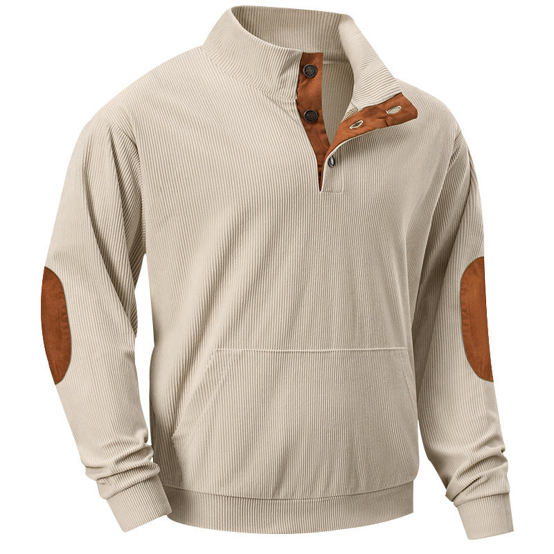 Herren nan strukturiertes Halbkragen-Sweatshirt mit Ellbogenpatches, Kängurutasche und feiner Rippstruktur Drune