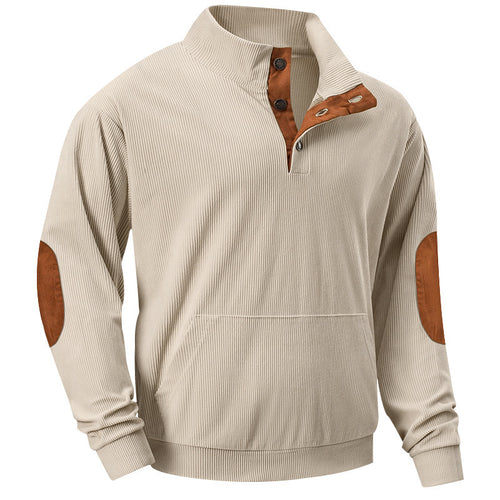 Herren nan strukturiertes Halbkragen-Sweatshirt mit Ellbogenpatches, Kängurutasche und feiner Rippstruktur Drune