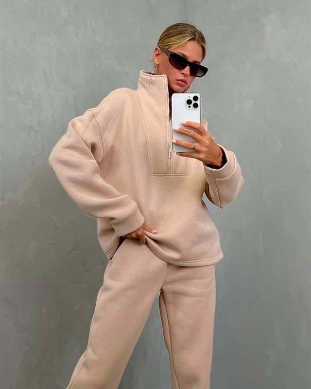 Damen nan weiches Oversize-Halbzip-Loungewear-Set mit hohem Stehkragen und taillierter Jogginghose Drune