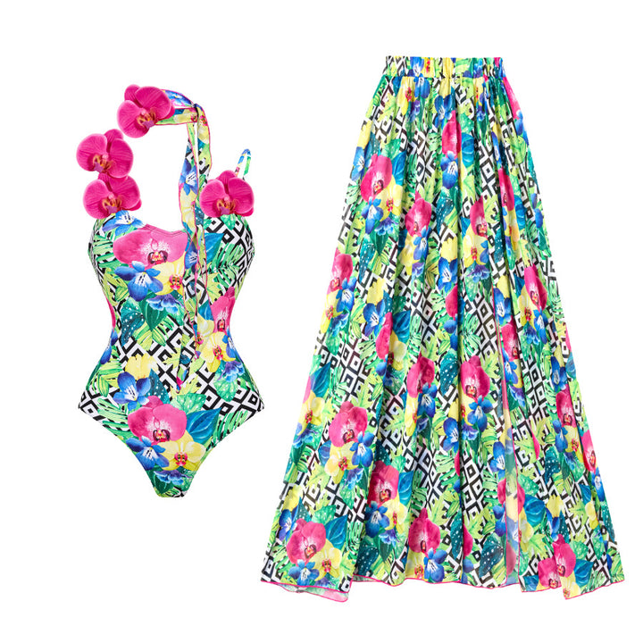 Damen Blumenmuster Badeanzug und Rock Set Drune