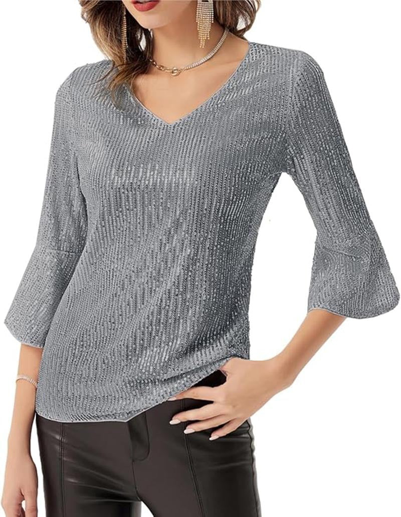 Damen Glamouröses Strickoberteil mit V-Ausschnitt und funkelnden Akzenten Drune