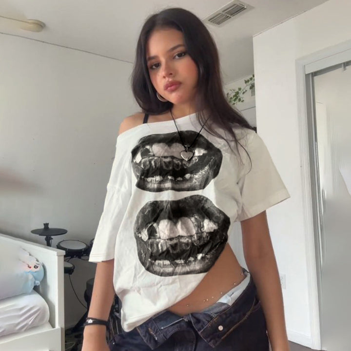 Damen lässiges T-Shirt mit glänzendem Kreuzdesign und großzügigem Ausschnitt Drune