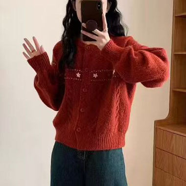 Damen Gemusterte Strickjacke mit dekorativen Knöpfen und lässigem Schnitt Drune