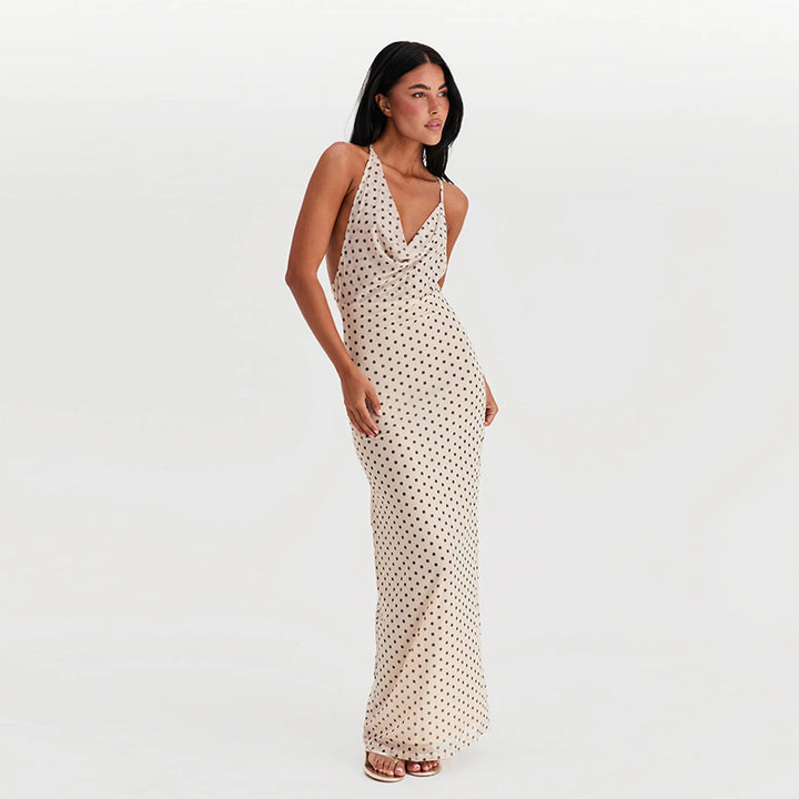 Damen Maxikleid mit elegantem Wasserfallausschnitt und Punktedesign Drune