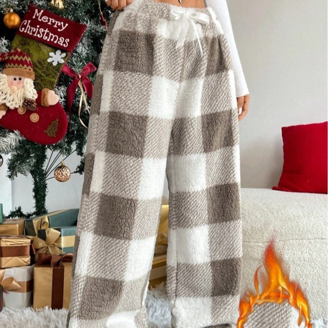 Damen nan kuschelige karierte Fleece-Hose mit Tunnelzugbund und weitem Bein Drune