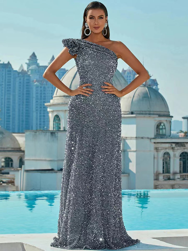 Damen Glamouröses Abendkleid mit asymmetrischem Design und Paillettenbesatz Drune