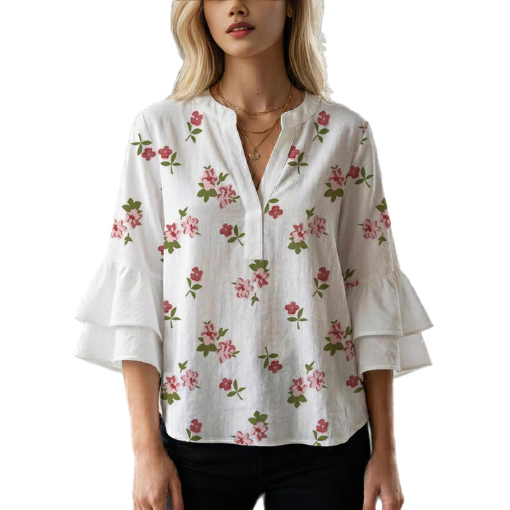 Damen Bluse mit voluminösen Rüschenärmeln und modernem Motiv Drune