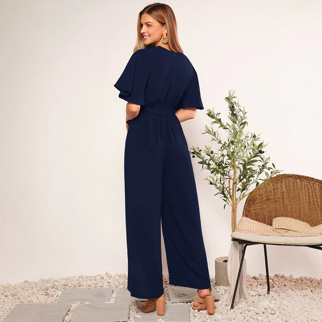 Damen eleganter Jumpsuit mit tiefem V-Ausschnitt und Poncho-Ärmeln Drune
