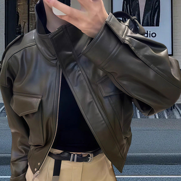 Damen Kunstlederjacke im urbanen Stil mit Stehkragen und praktischen Taschen Drune