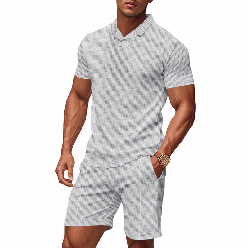 Herren nan lässiges Waffelstruktur-Freizeitset mit Reverskragen-Kurzarmshirt und elastischen Freizeitshorts Drune