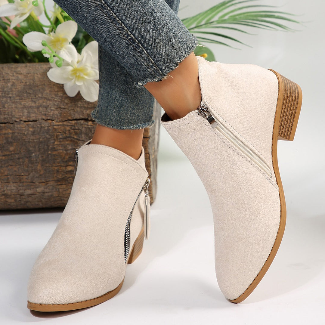 Damen nan klassische knöchelhohe Microvelours-Stiefelette mit seitlichem Reißverschluss und niedrigem Blockabsatz Drune
