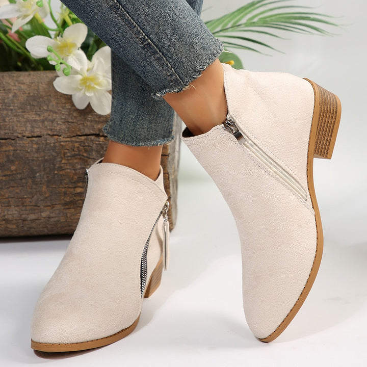 Damen nan klassische knöchelhohe Microvelours-Stiefelette mit seitlichem Reißverschluss und niedrigem Blockabsatz Drune